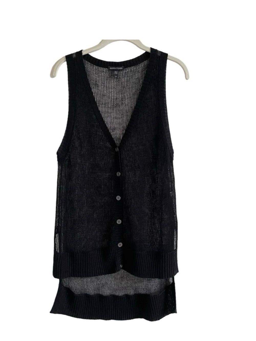 Eileen Fisher 100% Organic Linen Open Knit Vest Black Size Small Lagenlook Goth